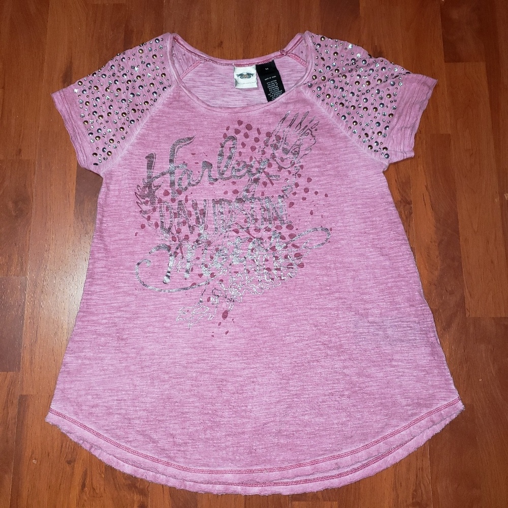 Harley Davidson pink beaded gem shoulder tee sz M